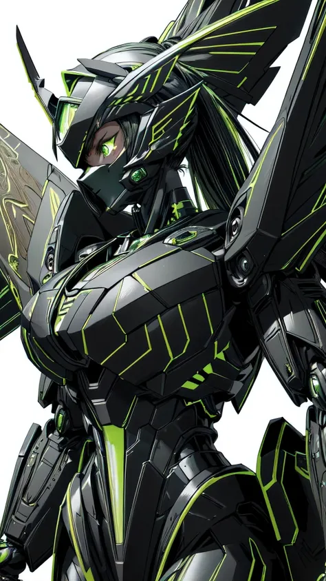 (masterpiece, best quality:1.3),extremely high detailed, intricate, 8k, HDR, wallpaper, cinematic lighting, (universe),(Mecha musume:1.3), glowing, black armor, glowing green eyes, mecha, black hair, ponytail, (large mechanical fairywings:1.2), (black and ...