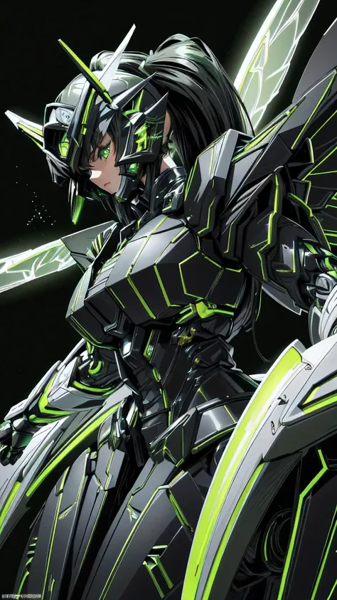 (masterpiece, best quality:1.3),extremely high detailed, intricate, 8k, HDR, wallpaper, cinematic lighting, (universe),(Mecha musume:1.3), glowing, black armor, glowing green eyes, mecha, black hair, ponytail, (large mechanical fairywings:1.2), (black and ...