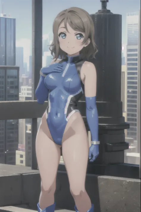 (((pixel-perfect, detail-perfect))), solo, 1girl, you watanabe, superhero, leotard, bare legs, detailed, boots, gloves, hand oh hip, looking at viewer, smile, cowboy shot, full body shot, city backdrop