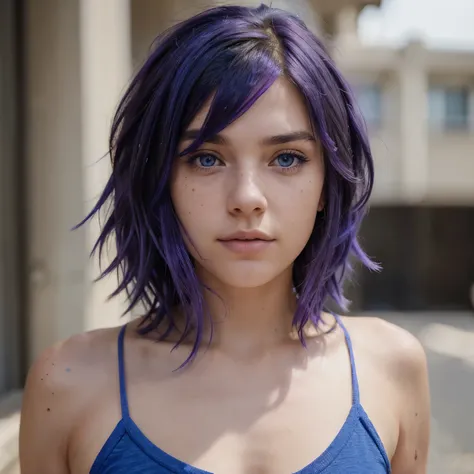 Create a profile image of a 22-year-old American woman, crystal blue eyes, olive skin, freckles on her face, short shaggy style hair, blue and purple hair, slightly messy hair. depth of field, front focus, ultra realistic ,blue and purple hair only.