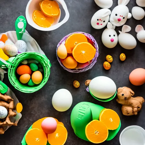 Asian, big eyes, orange ginger, making easter egg, using bunny wears and a brasil shirt