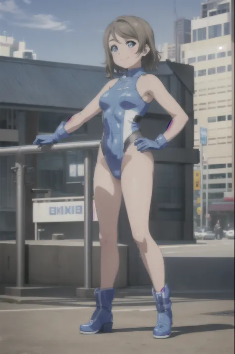 (((pixel-perfect, detail-perfect))), solo, 1girl, you watanabe, superhero, leotard, bare legs, detailed, boots, gloves, hand oh hip, looking at viewer, smile, cowboy shot, full body shot, city backdrop