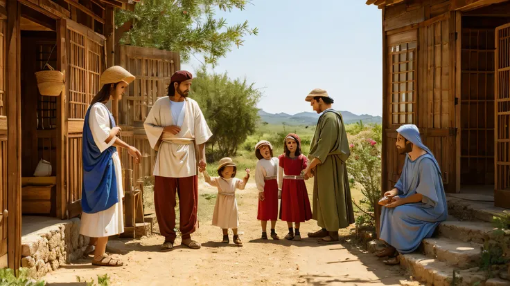 Hebrew families of the years of Moses, esclavos, pobres, comiendo en platos de madera, vasos de madera, todo rustico, viejo, y desgastado, ropa desgastada y vieja, paredes un poco sucias, poca verduras sobre la mesa, small rosemary leaves, clothing accordi...