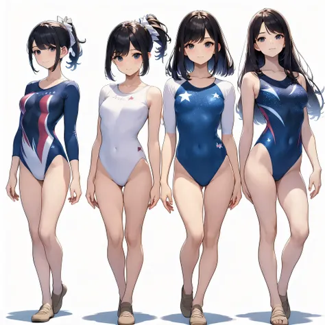 ((full body)),(masterpiece, best quality), (3 girls1.5) ,((Contrapposto:1.5)), looking at viewer, walking,((v_arms:1.2)), wearing gymnastics_longsleeves_leotard_outfit leotard:1.3),(blue leotard) ,(stars print:1.3), BREAK masterpiece black hair, ((long hai...