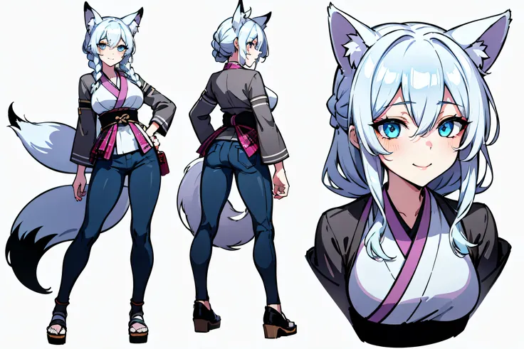  Hints Copy hints highest quality, Detailed face, Character Sheet,(((Young woman:1.5))), ((whole body:1.2)), Full of details, Multiple postures and facial expressions, very detailed, Depth, 1 Young woman, without bangs, (sky long hair, grey sexy eyes, Stra...