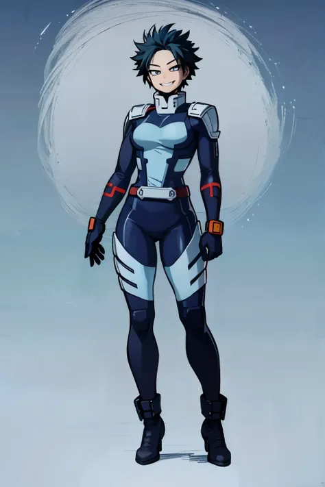 ((My Hero Academia Style))), ((Perfect Anatomy)), ((perfect hands)), Frost, short blue hair, blue eyes, blue lipstick, blue attire, bodysuit, elbow gloves, looking at viewer, seductive smile, teeth, ((Full body photo:1.5)), high quality, masterpiece, 