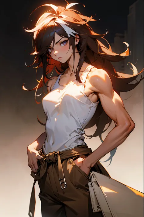 1female, auburn hair, messy rogue hair, white streaked hair, white streaks, muscular, long hair, bored expression, ruby eyes, dark outside background, detailed background, (marvel), white tanktop, brown baggy pants, coat tied around waist, detailed eyes