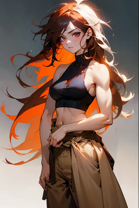 1female, auburn hair, messy rogue hair, white streaked hair, white streaks, muscular, long hair, bored expression, ruby eyes, dark outside background, detailed background, (marvel), white tanktop, brown baggy pants, coat tied around waist, detailed eyes