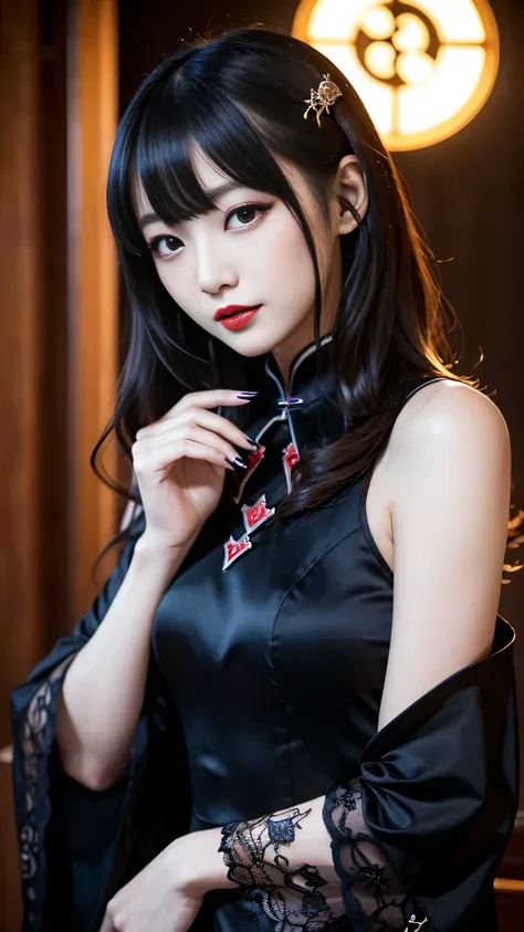 ltra-detailed、Japanese、attractive beauty、seductive adult woman、pretty woman、piercing eyes、cool girl、wavy hair、swept bangs、Long Black Cheongsam、wide sleeves、Evil cadres、evil depravity、brainwash、mind control、apply lipstick、smirk、evil look、evil、empty eyes、evi...