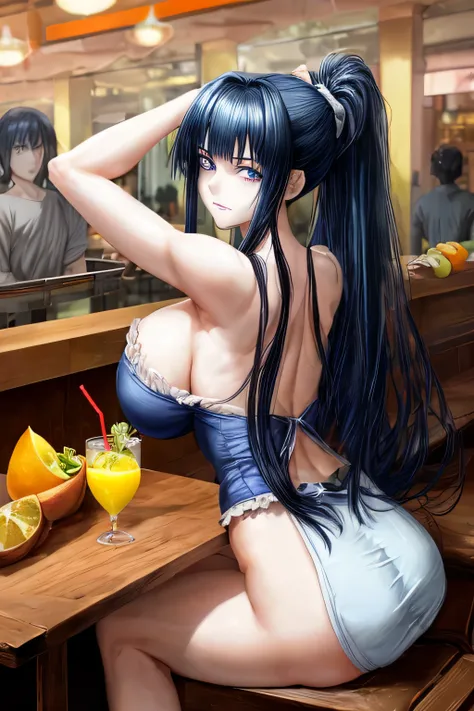 High resolution, high quality, 1 girl, anime girl, dark blue hair,ponytail,long hair,dull bangs, dark blue eyes,closed one eye,clenched teeth,[[pale skin]],Glossy skin, big breasts,beautiful breasts,(big ass),beautiful butt,pink high leg water wear,sitting...