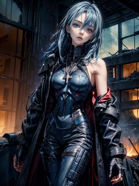 cinematic lighting、highest quality,cyberpunk world、1 female、(BLUE color theme:1.4)(20 year old beautiful woman、Detailed beautiful facial features、medium hair、blue hair、shoulder length hair、blue eyes:1.4)break,BREAK.mission style、
BREAK
(dark Blue stylish b...