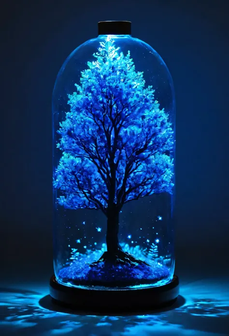 A Blue Glowing tree in a bottle 