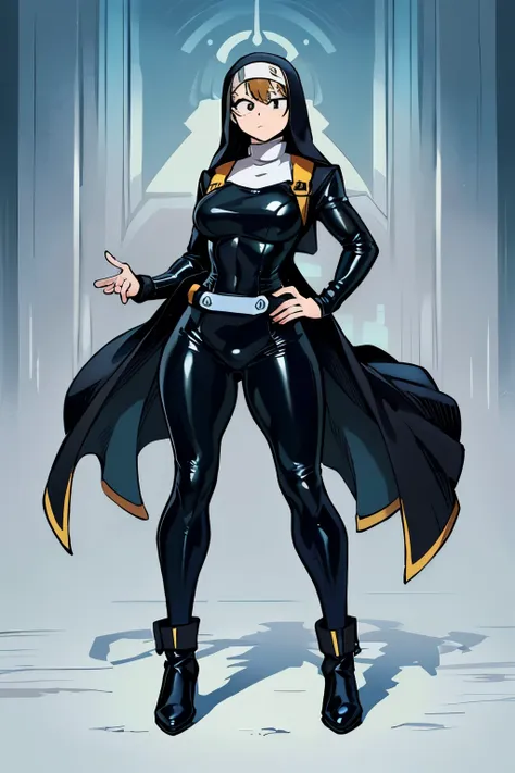 izuku midoriya, ((my hero academia style)), genderbender, (full body photo:1.5), 1girl, beautiful female, nun, black tight latex...