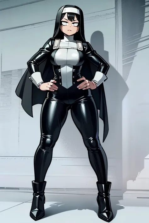 Izuku Midoriya, ((My Hero Academia Style)), genderbender, (full body photo:1.5), 1girl, beautiful female, nun, black tight latex catsuit with nun outfit, two leather belts on hip, latex body harness, beautiful make up, best quality, masterpiece, ((Perfect ...