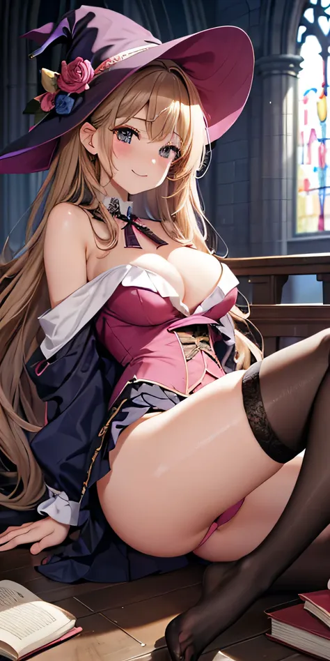 debris flies, highest quality, Highly detailed CG Unity 8K wallpaper, sexy witch , long dark blonde wavy hair、off shoulder knit, dark blue pleated skirt, stocking pedium chest, saggy breasts, Pose that emphasizes the chest, blush, shy smile, bare shoulders...