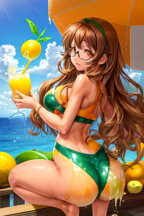 High resolution, high quality, 1 girl, anime girl, brown long hair, brown eyes,heart-shaped pupil, Green glasses, tanned skin, big breasts,beautiful breasts, (big ass),beautiful butt,white ,squat,(drink a lot of juice),(inflate one&#39;s stomach),(lemonade...