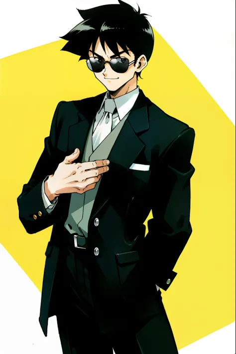 by ken sugimori, sugimori 1990s, ((only 1man)), sunglasses, business suit, lazy, smiling ((hands behind their back)), full black...