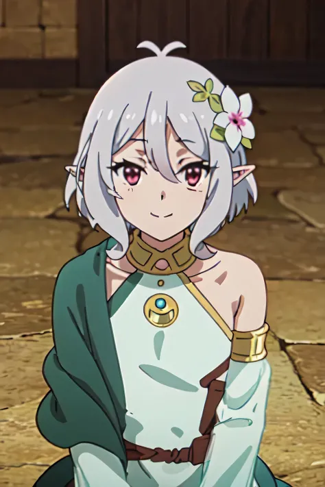 KOKKORO, GREY HAIR, SHORT HAIR, ANTENNA HAIR, PINK EYES, HAIR FLOWER, POINTY EARS, KokkoroDress, dress, detached sleeves, green cape, single bare shoulder, 1girl, solo, upper body, facing viewer, (looking at viewer:1.5), in the center, smile
