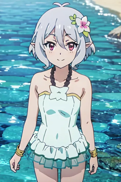 KOKKORO, GREY HAIR, SHORT HAIR, ANTENNA HAIR, PINK EYES, HAIR FLOWER, POINTY EARS, KOKKOROSWIMSUIT, ONE-PIECE SWIMSUIT, FRILLS, BRACELET, 1girl, solo, upper body, facing viewer, (looking at viewer:1.5), in the center, smile
