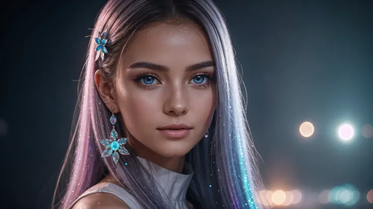 closeup of a beautiful realistic girl with blue long hair in the fog,at the disco and colorful lights and music sparkle, deep atmosphere,close-up of clean skin with skin detail ,,in black tights and a pink blouse ,on an orange background,Against the backgr...