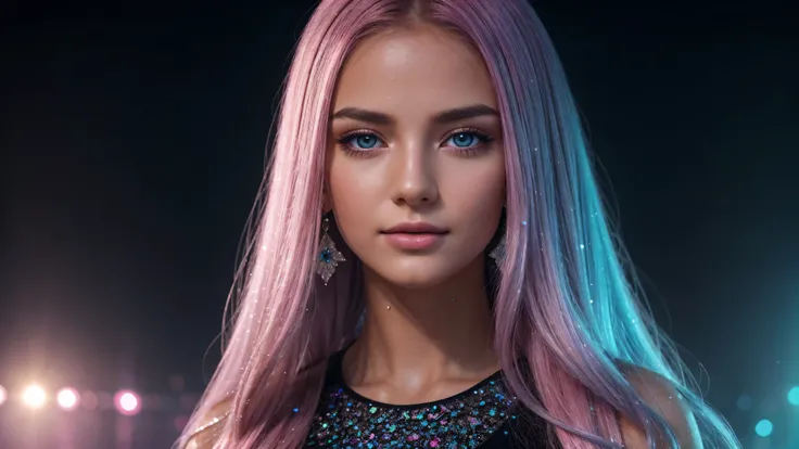 closeup of a beautiful realistic girl with blue long hair in the fog,at the disco and colorful lights and music sparkle, deep atmosphere,close-up of clean skin with skin detail ,,in black tights and a pink blouse ,on an orange background,Against the backgr...