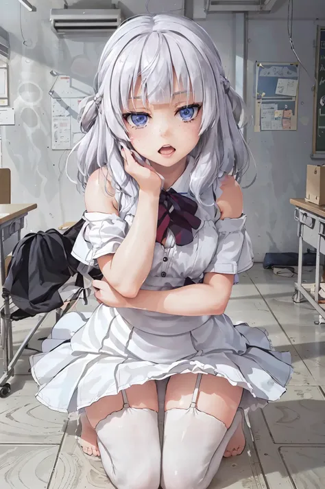 1girl, pettied highschool girl, white hair, light blue eyes, wearing , kneeling on a floor in a classroom, looking up at viewer, flushed cheeks, drops of sweat rolling down her face, looking embarressed, open mouth, detailed, 8k, high resolution, masterpie...