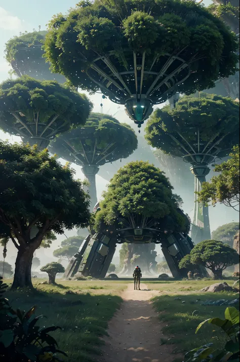 Create a picture of a stunning, futuristic alien world, with exotic vegetation and impressive landscapes that seem like something out of a dream, where peaceful alien creatures dwell in harmony with the lush environment and futuristic and technological con...