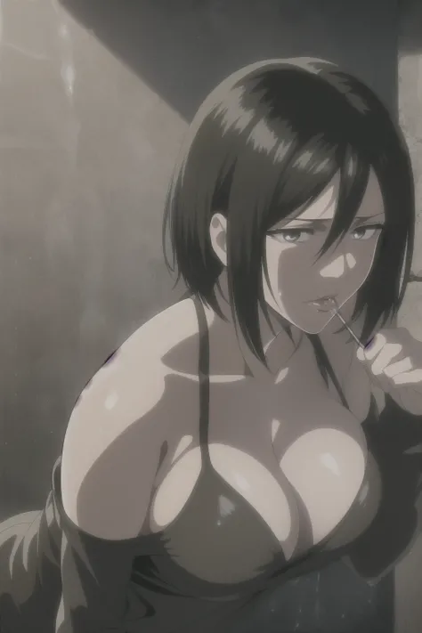 1girl, mikasa ackerman, (black hair:1.3), hair between eyes, short hair, sideburns, gray eyes, lips, cleavage, big breasts, close up, solo, lips, masterpiece, best quality,  naked, sex, having sex with man, large breasts, huge breasts, big breasts, sucking...