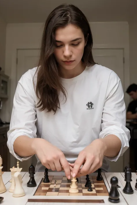 A young man and woman are playing chess，Then a white-haired man in white clothes appeared