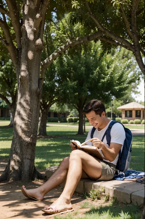 Create an image of a happy man studying under a tree 