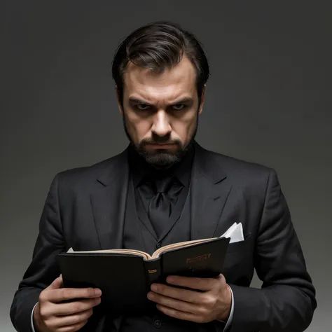 Create an image of a serious man well dressed in a black suit with a book in his hand 