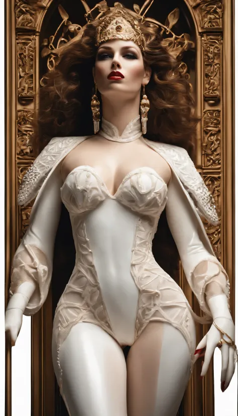 Goddess of sex, statuesque porcelain white body. Dressed in dominatrix bodysuit. 