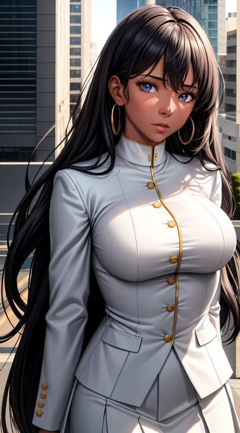 (best quality:1.5, highres, UHD, 4K, detailed lighting, shaders), ( high quality eyes), ( high quality fingers), gold floral haired, gradient hair, large breasts, white suit, white shirt, social shirt, white short skirt, mature woman , (pov), white backgro...