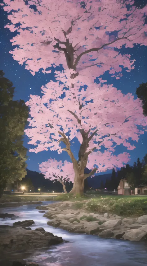 best quality, masterpiece), (night sky, Behind the river, Huge ancient tree in the back, Pink petals fall behind,)