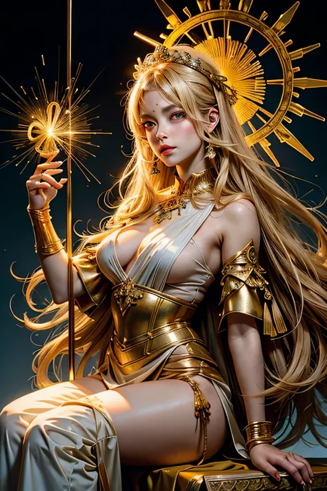 (chef-d&#39;artwork, superior quality, best quality, art officiel, beautiful and aesthetic:1.2), (1fille), extremely detailed,(Art fractal:1.3),colored,the most detailed, magnificient goddess, roman, golden tone, gold, golden long hair, detailled face, tog...