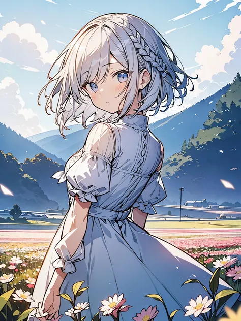 masutepiece, Best Quality,Illustration, Wallpaper, Ultra Detail, Absurd beauty、1 beautiful girl、 (Medium short hair、short braided hair), Beautiful ultra-detailed eyes , Hair fluttering in the wind、Keep your head small、flower  field、great outdoors