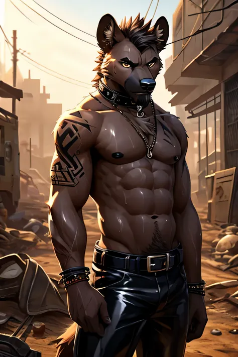 Masterpieces, furry, male, Anthropomorphic, spotted hyena, veiny, slender body type, Delicate eyes, goatee, grizzled fur, tan skin, glistening body, thug, wasteland thug, depth of field, perfect lighting, (best quality),(masterpiece),(ultra detailed), shar...