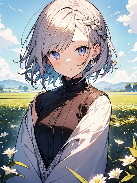 masutepiece, Best Quality,Illustration, Wallpaper, Ultra Detail, Absurd beauty、1 beautiful girl、 (Medium short hair、short braided hair), Beautiful ultra-detailed eyes , Hair fluttering in the wind、Keep your head small、flower  field、great outdoors