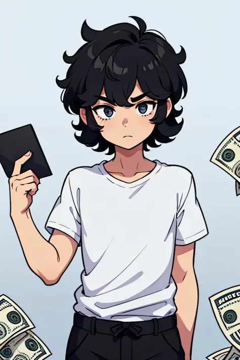 boy with short curly black hair and white tshirt with alot of money