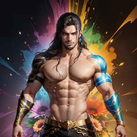 um jovem homem, large chest muscles, showing abdomen, cabelo preto, Sorriso, Coxas expostas, Correia, colored penas, enfeites de metal, colorida flores, particles, luz, (obra de arte, maximum quality, Melhor qualidade, arte oficial, Beautiful and Aesthetic...