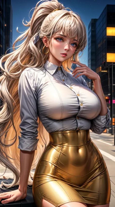 (best quality:1.5, highres, UHD, 4K, detailed lighting, shaders), ( high quality eyes), ( high quality fingers), gray curly haired, gradient hair, large breasts, gold suit, white shirt, social shirt, white short skirt, mature woman , (pov), white backgroun...