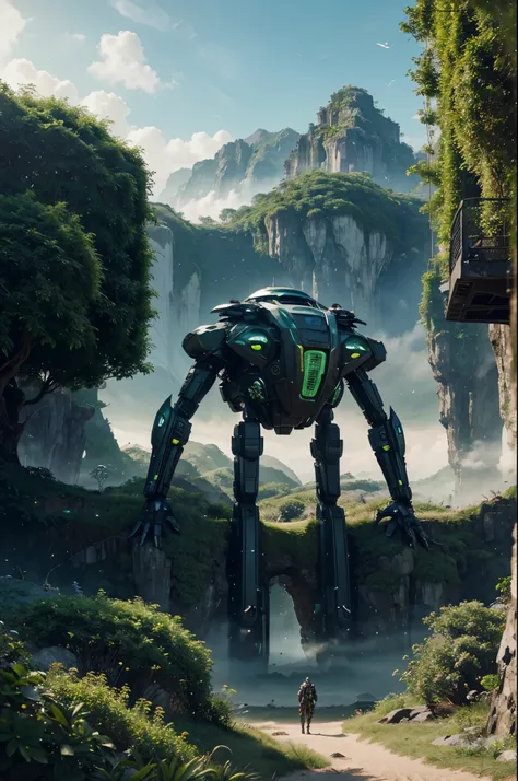 Create a picture of a stunning, futuristic alien world, with exotic vegetation and impressive landscapes that seem like something out of a dream, where peaceful alien creatures dwell in harmony with the lush environment and futuristic and technological con...