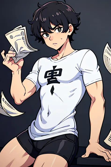 boy with short curly black hair and white tshirt with alot of money stacks