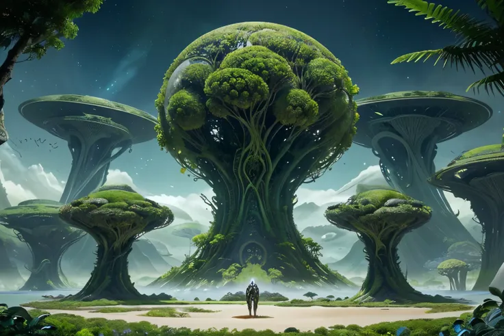 a stunning, futuristic alien world, with exotic vegetation and impressive landscapes that seem like something out of a dream, where peaceful alien creatures dwell in harmony with the lush environment and extremely futuristic and technological architecture.