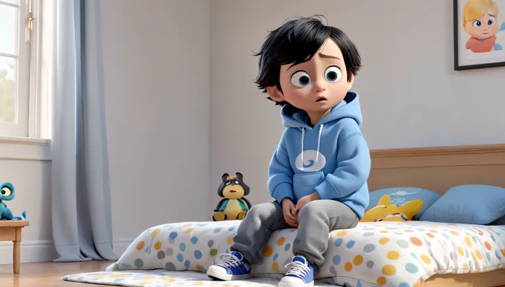 Billy, a 3 year old small boy with wide eyes and short black hair, and blue hoodie, grey jeans and sneakers, Billy sit on the bed with closed eyes, wishing hard, starts to float upwards. 3D Pixar animation.