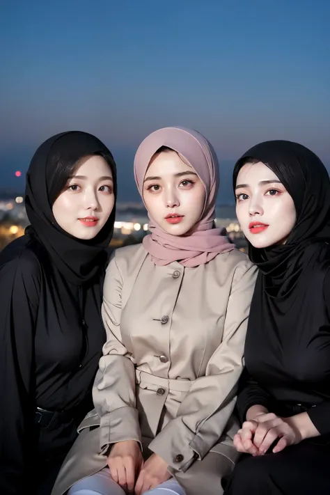 Threesome girl, in hijab, ((Best quality, 8k, Masterpiece :1.37), many people in hijab, (threesome girl in hijab muslim), Big Breasts:1.5, (Nude Body), Beautiful face, Ultra-HD Face, Facial Lighting, Lips light laugh, position: Sitting on a Chair, Big Brea...