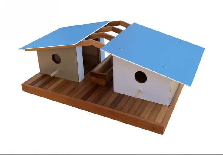 there is a birdhouse with a blue roof and a white roof, bird visualizar, 3/4 visualizar, 3 / 4 visualizar, birds visualizar, cabana, madeira, zoomed out visualizar, bird&#39;s eye, merda, bird&#39;s eye visualizar, visualizar, alternate angle, birds eye vi...