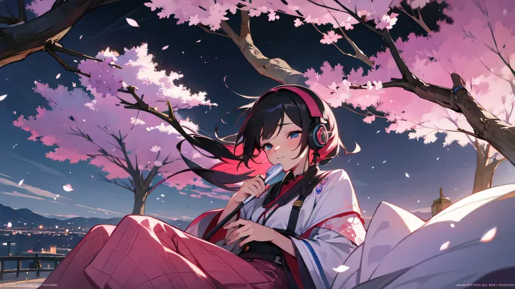 headphone　spring clothes　relax　cherry blossoms　picnic　night　You can see the night view　Highest image quality