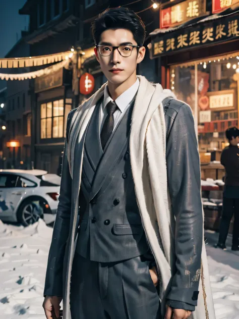 male character design wearing glasses），（sad handsome chinese man pan an looking at the camera：1.37），（pan an wears modern and fas...