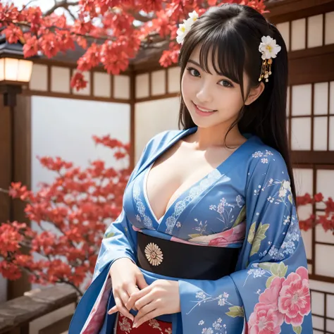 Best-quality, Masterpiece, Ultra-High-Resolution, (Photorealistic:1.4), Raw-Photo, 1girl, the most famous Japanese idol, wearing Japanese-KIMONO with sexy-design, ((extremely beautiful abundant-cleavage)), extremely cute face like the most popular Japanese...